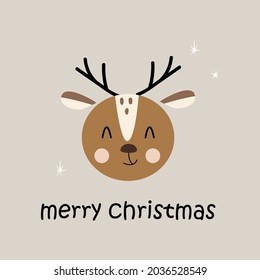 Hand draw Christmas card with a funny deer head. Isolated scandinavian cartoon illustration for kids poster, clothes print. Vector illustration Isolated, flat style.