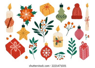 Hand draw christmas collection.Gift boxes,Florals,Сandles,Christmas decorations.