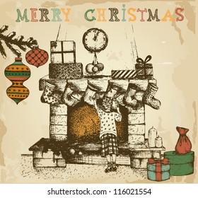 Hand draw Christmas fireplace