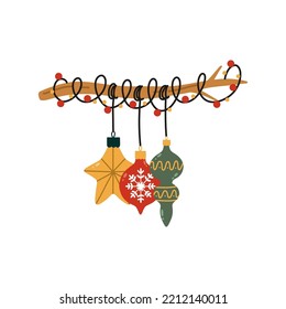 Hand draw Christmas garland with lanterns.