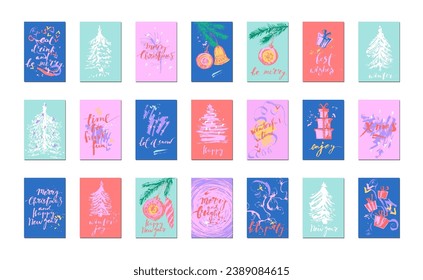 Hand draw Christmas and new year card set. Colorful designs with calligraphy, christmas tree branches, ornaments, presents, lights, snowflakes.