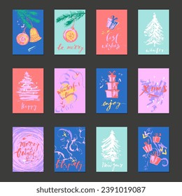 Hand draw Christmas and new year card set. Colorful designs with calligraphy, christmas tree branches, ornaments, presents, lights, snowflakes.