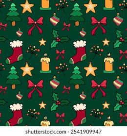 Hand Draw Christmas Seamless Pattern with ornaments, Christmas Stockings, berry, candle, bauble, Christmas tree, holly , ribbon