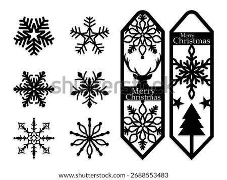 Hand draw Christmas  snowflake and bookmark set for Christmas gift. Bookmark laser cut template