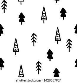 Hand Draw Christmas Tree Seamless Pattern in Doodle style. Vector Monochrome Endless Background of Christmas Trees isolated on white background. Template for Postcards, packaging, printing on fabric