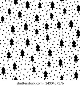 Hand Draw Christmas Tree Seamless Pattern in Doodle style. Vector Monochrome Endless Background of Christmas Trees and polka dot isolated on white background. Template for Postcards, packaging