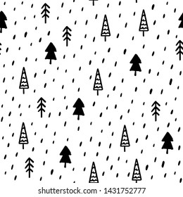 Hand Draw Christmas Tree Seamless Pattern in Doodle style. Vector Monochrome Endless Background of Christmas Trees and polka dot isolated on white background. Template for Postcards, packaging