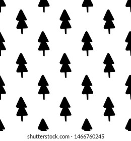 Hand draw Christmas Tree Seamless Pattern black and white colors. Monochrome Vector Simple Scandinavian Background. Ink Doodle texture for New Year 2020. For Postcards, packaging, printing on fabric