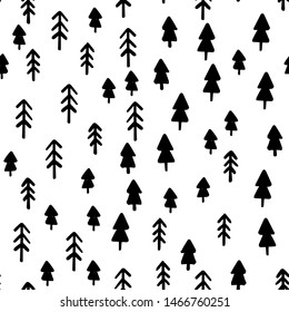 Hand draw Christmas Tree Seamless Pattern black and white colors. Monochrome Vector Simple Scandinavian Background. Ink Doodle texture for New Year 2020. For Postcards, packaging, printing on fabric