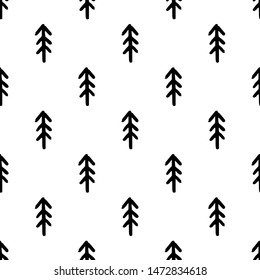 Hand draw Christmas Tree Seamless Pattern black and white colors. Monochrome Vector Simple Scandinavian Background. Ink Doodle texture for New Year 2020. For Postcards, packaging, printing on fabric