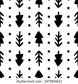 Hand draw Christmas Tree Seamless Pattern black and white colors. Monochrome Vector Simple Scandinavian Background. Ink Doodle texture for New Year 2020. For Postcards, packaging, printing on fabric