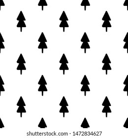 Hand draw Christmas Tree Seamless Pattern black and white colors. Monochrome Vector Simple Scandinavian Background. Ink Doodle texture for New Year 2020. For Postcards, packaging, printing on fabric