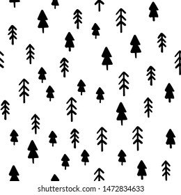 Hand draw Christmas Tree Seamless Pattern black and white colors. Monochrome Vector Simple Scandinavian Background. Ink Doodle texture for New Year 2020. For Postcards, packaging, printing on fabric