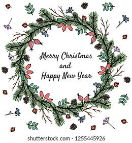 Hand draw Christmas wreath with christmas tree twig, herbs, physalis, pinecone, barberry and dog rose on white background. Design for your greeting cards, banners, flyers. Vector illustration
