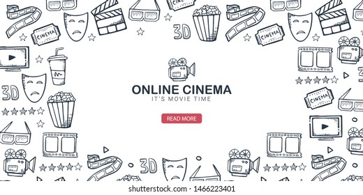 Hand draw Cinema doodle background. Movie Time