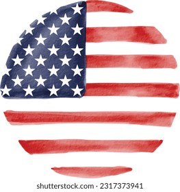 Hand draw circle shape USA flag  watercolor  brush paint isolate on white background. Vector illustration 