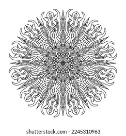Hand draw circular mandala, sun mandala.  Decorative ornament in ethnic oriental style. Coloring book page.