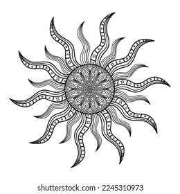 Hand draw circular mandala, sun mandala.  Decorative ornament in ethnic oriental style. Coloring book page.