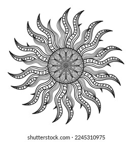 Hand draw circular mandala, sun mandala.  Decorative ornament in ethnic oriental style. Coloring book page.