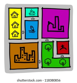 Hand draw city map , zoning .Illustration