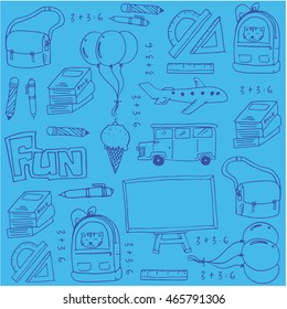 Hand draw classroom supplies doodles for kids on blue backgrounds
