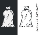 Hand draw closed full textile sack or package in monochrome sketch style. Set of agriculture organic food package. Engraving vintage vector illustration.