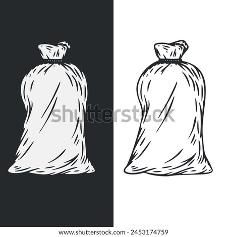 Hand draw closed full textile sack or package in monochrome sketch style. Set of agriculture organic food package. Engraving vintage vector illustration.