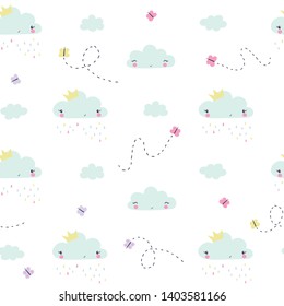 Hand draw clouds and butterflies childish seamless pattern. Summer vector illustration for kids clothing. Use for textile, print, surface design, fashion wear