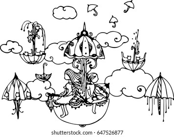 hand draw of clouds, umbrellas and people in line art design for card 