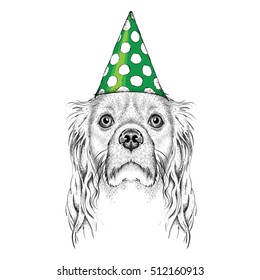 Hand draw Cocker Spaniel in a celebratory cap. Vector illustration