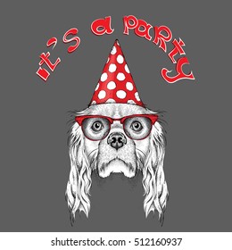 Hand draw Cocker Spaniel in a celebratory cap. Vector illustration