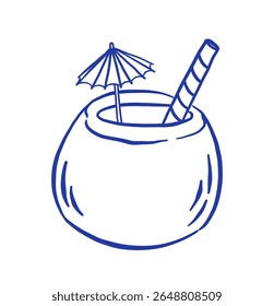 Hand draw coconut coctail with straw vector illustration. Tropical drink icon doodle sketch style
