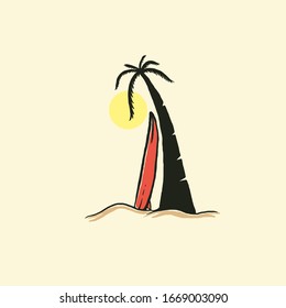 hand draw coconut tree with surfing board ilustration. outdoor tshirt design