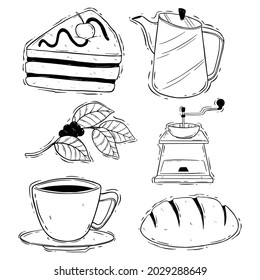 hand draw coffee break with slice cake