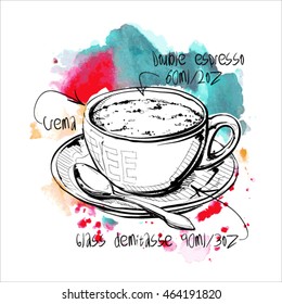 Hand draw of coffee cup on a watercolor background. Vector illustration.