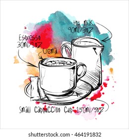 Hand draw of coffee cup on a watercolor background. Vector illustration.