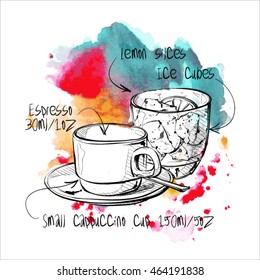 Hand draw of coffee cup on a watercolor background. Vector illustration.