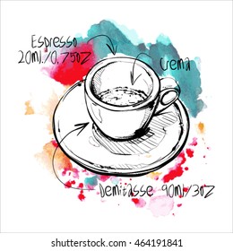 Hand draw of coffee cup on a watercolor background. Vector illustration.