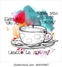 Hand draw of coffee cup on a watercolor background. Vector illustration.