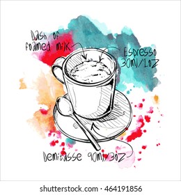 Hand draw of coffee cup on a watercolor background. Vector illustration.