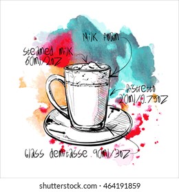 Hand draw of coffee cup on a watercolor background. Vector illustration.