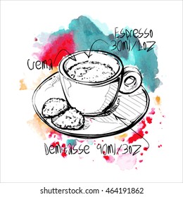 Hand draw of coffee cup on a watercolor background. Vector illustration.