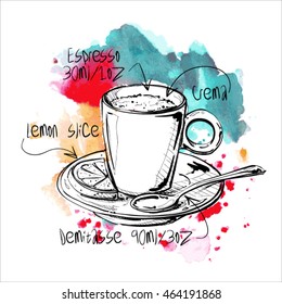 Hand draw of coffee cup on a watercolor background. Vector illustration.