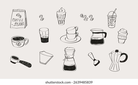 Hand draw coffee doodles. Abstract collection of various coffee brewing items. Minimalistic linear cafe breakfast and brunch drinks, barista outline icons. Vector sketch set.