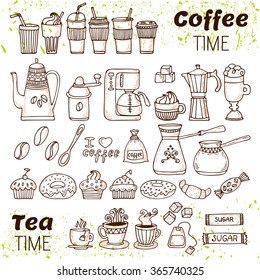 Hand draw coffee and tea collection. Sketch doodles coffee and tea elements. Vector illustration