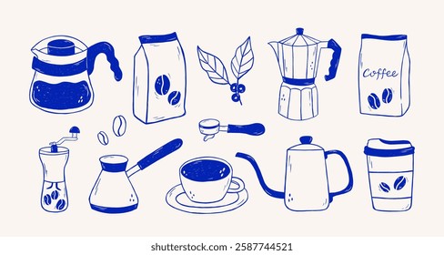 Hand draw coffee tooll collection. Set of coffee utensils outline thin line graphics.Coffee machine, hario, utensils, french press, moka, cup, kettle icon.