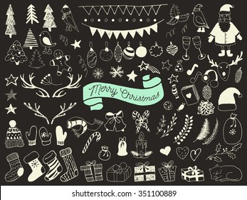 Hand draw collection of christmas doodle elements. Vector winter symbols.