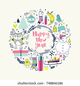 Hand draw collection of christmas doodle elements. Happy new year card frame, Christmas wreath. Vector winter symbols.