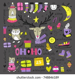 Hand draw collection of christmas doodle elements. Vector winter symbols.