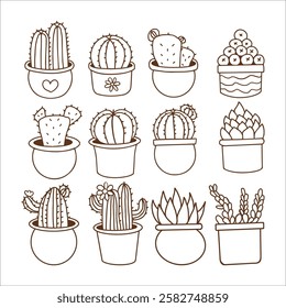 Hand draw collection doodle cactus in pots Plants illustration Outline coloring image